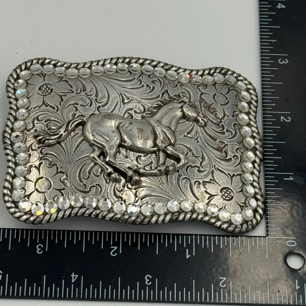 Western Horse Belt Buckle Silver Tone‎ Floral Engraved Rhinestone Border Rodeo